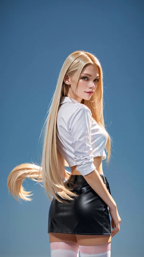 long straight blond hair, white cropped shirt with rolled up sleeves, black leather miniskirt, pink furry tail accessory, standi...