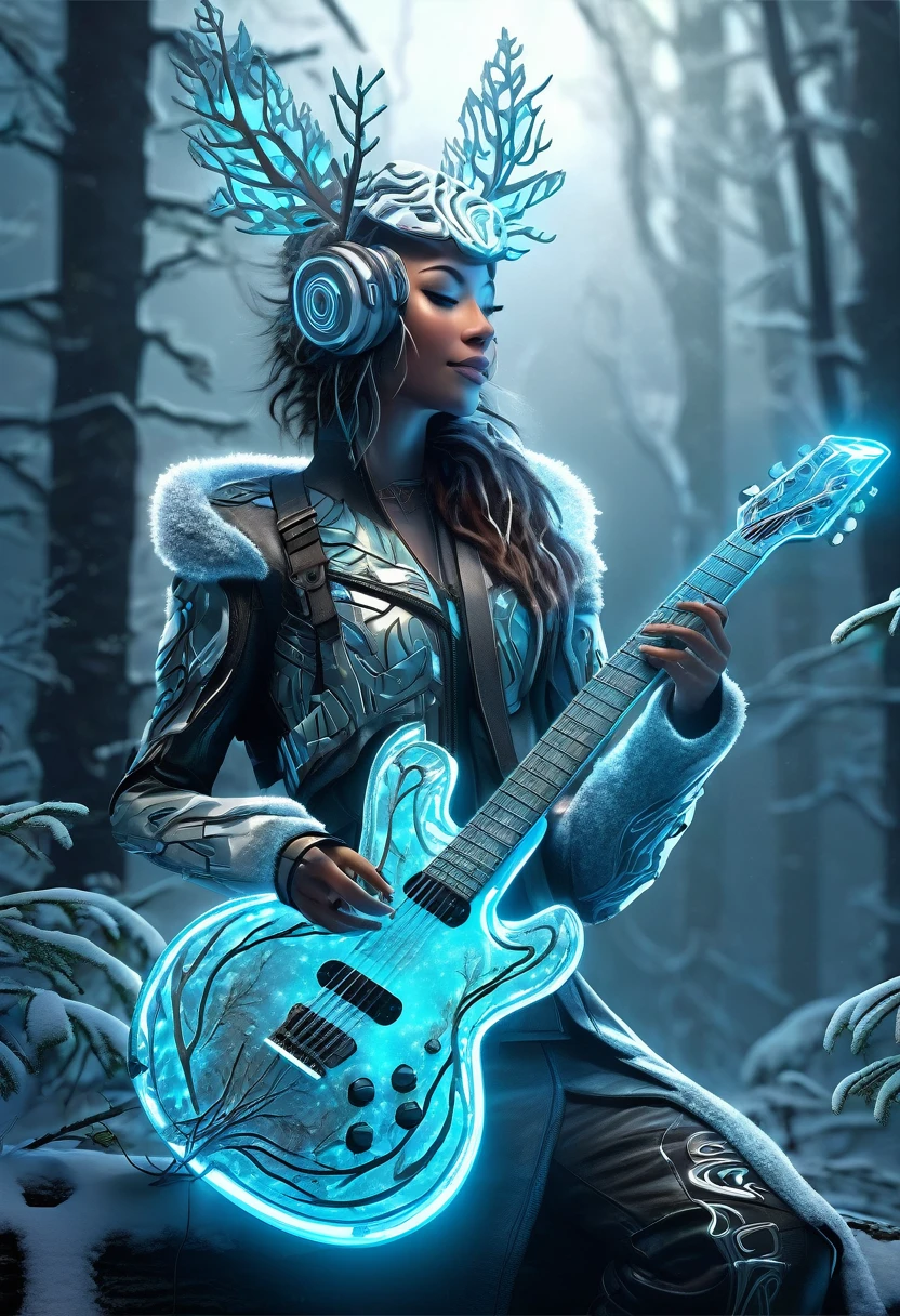 a medium quality digital illustration of a (Cyborg) guitar covered in frostbite, featuring a character inspired by Jensana as a Forest Guardian, futuristic, fantasy art, glowing elements, detailed, icy textures, sci-fi, mystical atmosphere, dark background.