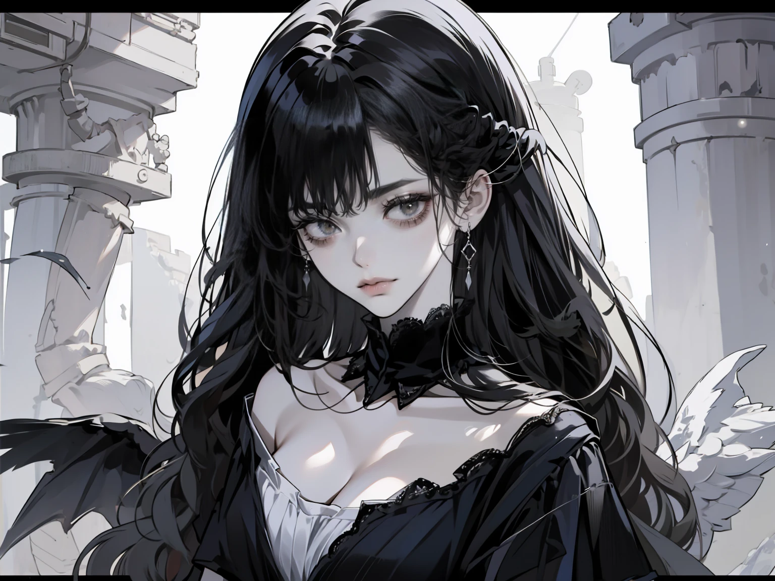 A world where the elegance of a bygone era meets the precision of mechanical innovation, The Gothic girl、Standing as a living witness to this unforgettable beauty. Her long black hair hangs luxuriously around her shoulders., It brings out the delicate elegance of her alabaster skin、Silk Veil of the Night. Her Dress, A cascade of crimson fabric, intricately intertwined with lace and satin, Whispers of a once grand and sophisticated era. Her Mechanical Wings, A marvel of artistry and technology, Its metallic wings spread far and wide with a splendor that goes against conventional beauty.、The ornate decorations shine like starlight in the decadent darkness that surrounds them.。. She lives in a corrupted space; Fragments of marble elegance and ghostly echoes of a luxurious past envelop her figure., Creates an atmosphere of poetic confusion. Every one of her movements、Telling a tale of time enduring gracefully, A symphony of grace and resilience contrasted with a melancholic serenade of inevitable decline.. Her Eyes, Dark and unfathomable, Captures the melancholic essence of a world forever caught between the grandeur of the past and the mechanical wonders of an evolving future.
