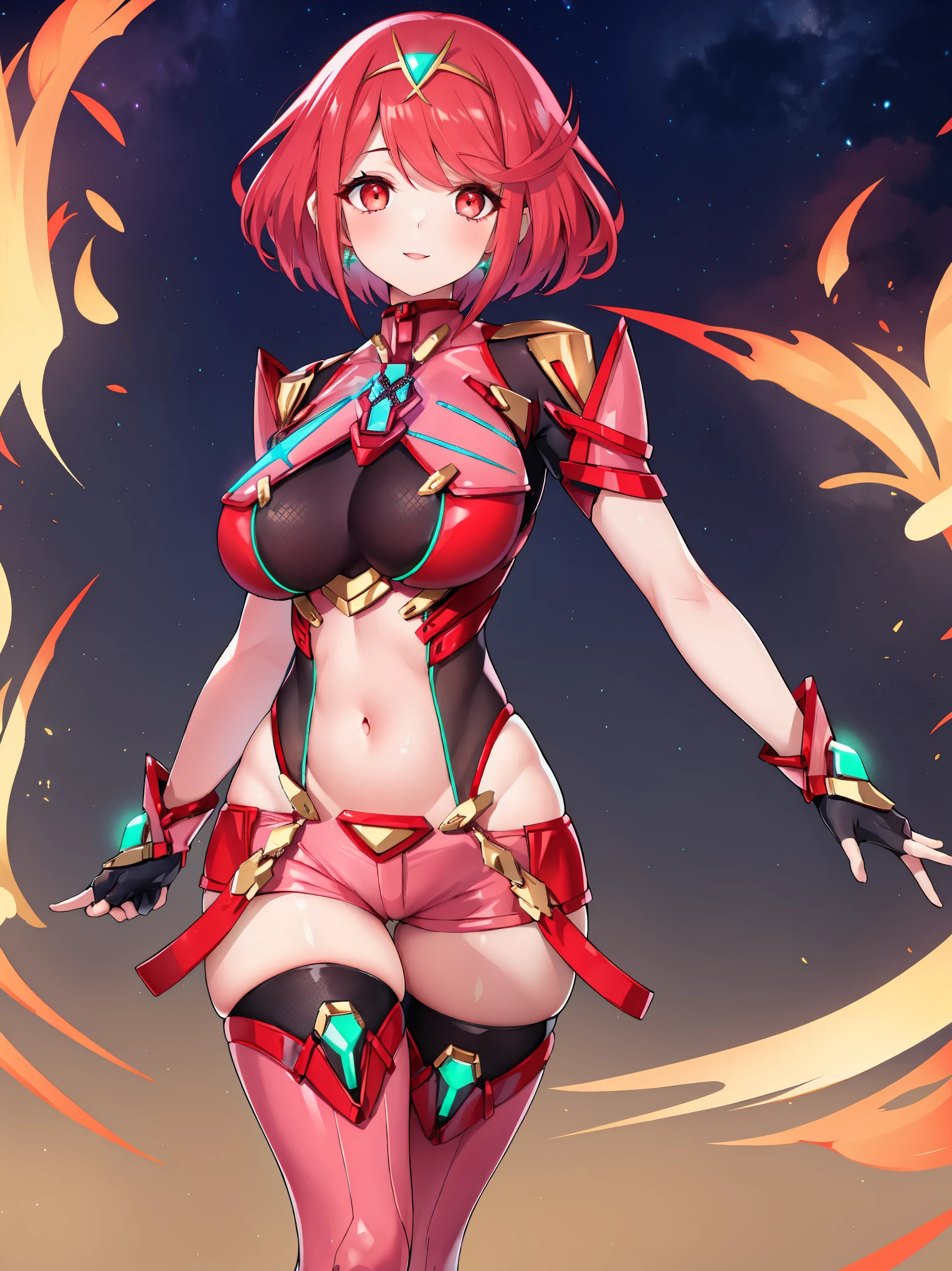 pyra \(xenoblade\), young_teen_1girl, armor, bangs, black gloves, breasts, red eyes, closed mouth, earrings, eyelashes, fingerless gloves, floating hair, framed breasts, gem, gloves, hair ornament, headpiece, jewelry, big_breasts, leaning back, leotard, neon trim, official art, pose, red hair, red shorts, short hair, short shorts, short sleeves, shorts, sidelocks, skin tight, solo, standing, swept bangs, thighhighs, tiara, night_prairie_background, turtleneck, underbust, vambraces, xenoblade chronicles \(series\), (xenoblade chronicles 2), apart_legs, fire_effects,dynamic_pose,light_smile, (plump:1.1), large_thighs, solo, open_mouth,open_hand,want_hug,.