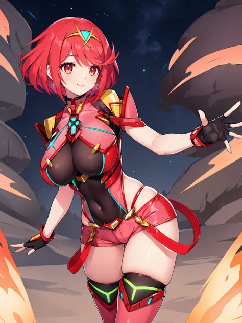 pyra \(xenoblade\), young_teen_1girl, armor, bangs, black gloves, breasts, red eyes, closed mouth, earrings, eyelashes, fingerle...