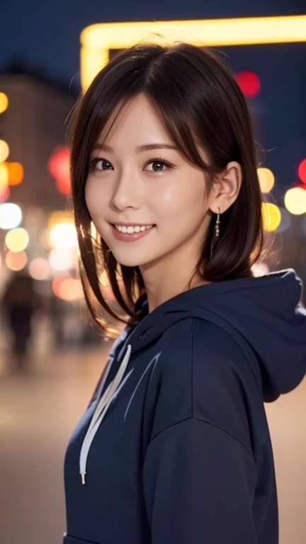 1girl in, (wearing a navy blue oversized hoodie:1.2), (Raw photo, Best Quality), (Realistic, Photorealsitic:1.4), masutepiece, Extremely delicate and beautiful, Extremely detailed, 2k wallpaper, amazing, finely detail, the Extremely Detailed CG Unity 8K Wallpapers, Ultra-detailed, hight resolution, Soft light, Beautiful detailed girl, extremely detailed eye and face, beautiful detailed nose, Beautiful detailed eyes, Cinematic lighting, city light at night, Fantastic illumination, Perfect Anatomy, Slender body, Small, Smiling