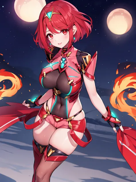 pyra \(xenoblade\), young_teen_1girl, armor, bangs, black gloves, breasts, red eyes, closed mouth, earrings, eyelashes, fingerle...