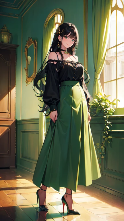 ((masterpiece, high resolution, better quality, better details)), ((Smiling)), ((one girl)) a girl standing, full body, maxi green skirt, blouse,((louboutin high heels)), green eyes , ((black hair, long hair)), shiny skin, ((from behind)), solo, full body, focus full body, high heels, in office, working secretary