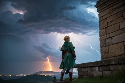 「an image of link looking into the distance with the castle walls in the background on a stormy night。a severe thunderstorm spre...