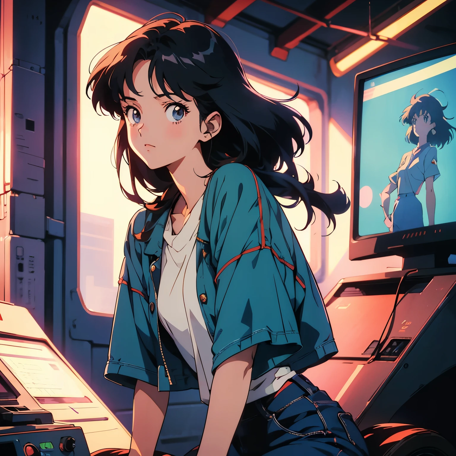 Retro arcade anime girl, Anime atmosphere of the 80s, 80s anime style, Retro Anime Girls, 1980's anime style, Retro anime images, Anime atmosphere, beautiful art in 1990s anime style, classic anime, retro anime, still frame, cell shaded, VHS quality, grainy, ultra detailed, a girl in combat, gainax style, best resolution, high quality, best quality, mix the vintage style with modern textures, evangelion art style