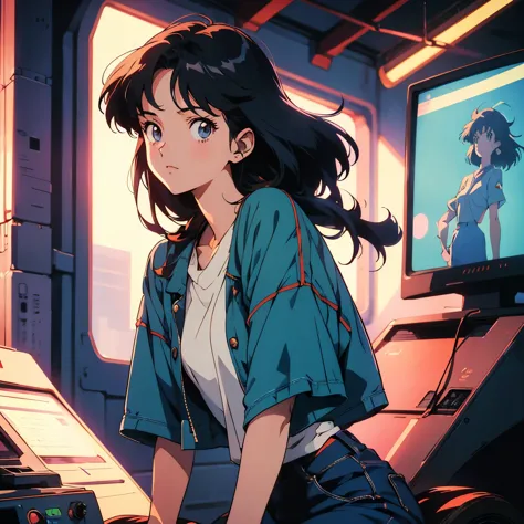 retro arcade anime girl, anime atmosphere of the 80s, 80s anime style, retro anime girls, 1980's anime style, retro anime images...