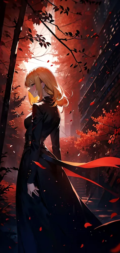 blonde woman，long coat，rear view，silhouette，sexy body，red forest，red moon，red night，