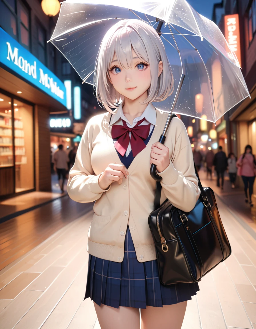 masterpiece, glowing particles, ambient lights, cute, 8K, hdr, high details, perfect lighting, perfect anatomy, BREAK (shiny silver hair:1.2), (bob cut, bang between eyes, beautiful hair), (glossy silver eyes:1.5), (beautiful eyes, twinkle eyes, large eyes), (athlete body, large breasts), cute face, beautiful face, pretty face, beautiful, best quality, good anatomy, long eyelashes, expressive eyes, Perfect Hands, perfecteyes, BREAK morning, raining, high school uniform, beige cardigan, city walk, holding school bag, (She is holding a transparent plastic umbrella (in her right hand) and (resting the shaft of the umbrella on her shoulder)), hand holding umbrella