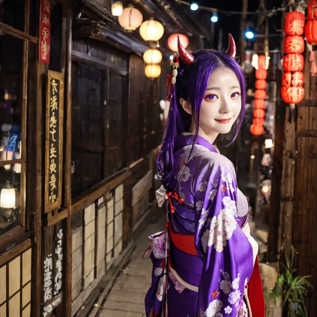 ganyu (genshin impact),{{{kimono}}},[china town],masterpiece,1girl,wavy hair,purple eyes,light blue hair,demon horns,long hair,,evening,dating,looking back,embarrassed,firework,dark purple eyes,little smile,pov,cg game