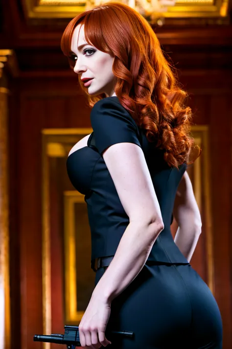 night, assassin, holding gun, skin head, christina hendricks, cleavage, black suits, indoor, standing, from behind,