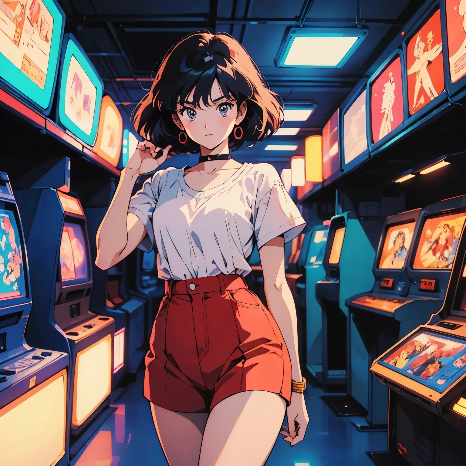 Retro arcade anime woman, Anime atmosphere of the 80s, 80s anime style, Retro Anime Girls, 1980's anime style, Retro anime images, Anime atmosphere, beautiful art in 1990s anime style, classic anime, retro anime, still frame, cell shaded, VHS quality, grainy, ultra detailed, a girl in combat, gainax style, high quality, best quality, grainy, artgerm, noir atmoshpere