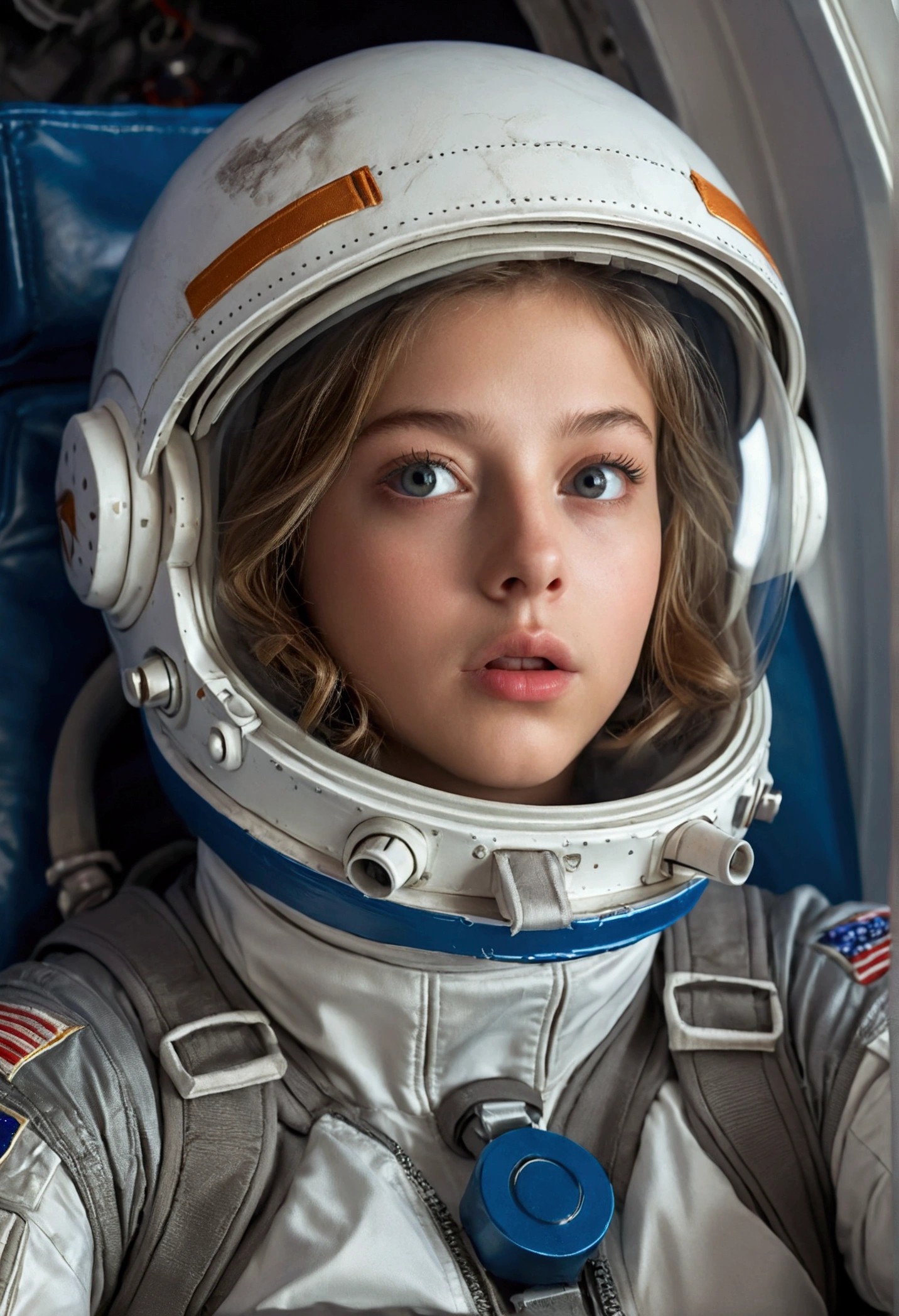 1 girl, age13, beautiful detailed eyes, large breasts, biting her lower lip, extremely detailed face and features, long eyelashes, sexy astronaut suit, helmet closed, in rocket seat, inside a spaceship coming in for reentry in Earth's atmosphere, natural lighting, cinematic composition, highly detailed, photorealistic, 8k, artwork