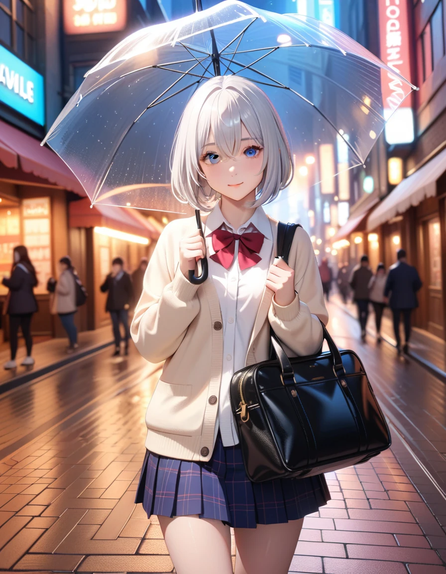 masterpiece, glowing particles, ambient lights, cute, 8K, hdr, high details, perfect lighting, perfect anatomy, BREAK (shiny silver hair:1.2), (bob cut, bang between eyes, beautiful hair), (glossy silver eyes:1.5), (beautiful eyes, twinkle eyes, large eyes), (athlete body, large breasts), cute face, beautiful face, pretty face, beautiful, best quality, good anatomy, long eyelashes, expressive eyes, Perfect Hands, perfecteyes, BREAK morning, raining, high school uniform, beige cardigan, city walk, holding school bag, (She is holding a transparent plastic umbrella (in her right hand) and (resting the shaft of the umbrella on her shoulder)), hand holding umbrella