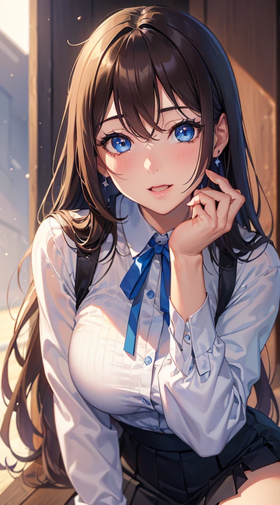 ((semi-long, Highest quality, High resolution, Hmph, Pixel perfect, 4K, Hmph, Hmph))), One Girl, single, alone, Beauty、 (( Brown Hair、bangs、Hair that falls over the shoulders)), ((Big blue eyes, Beautiful eyelashes, Realistic eyes、Double)), ((Detailed smile, )), ((Smooth texture:0.75, Realistic texture:0.65, Realistic:1.1, Anime CG style)), Big Breasts, Perfect body, blouse, Closing the garment, White collared shirt, Black tight skirt、missing fingers/fewer digits、Dynamic Angle
