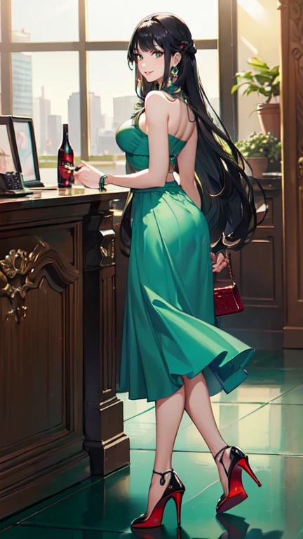 ((masterpiece, high resolution, better quality, better details)), ((Smiling)), ((one girl)) a girl standing, full body, maxi green skirt, blouse,((louboutin high heels)), green eyes , ((black hair, long hair)), shiny skin, ((from behind)), solo, full body, focus full body, high heels, in office, working secretary