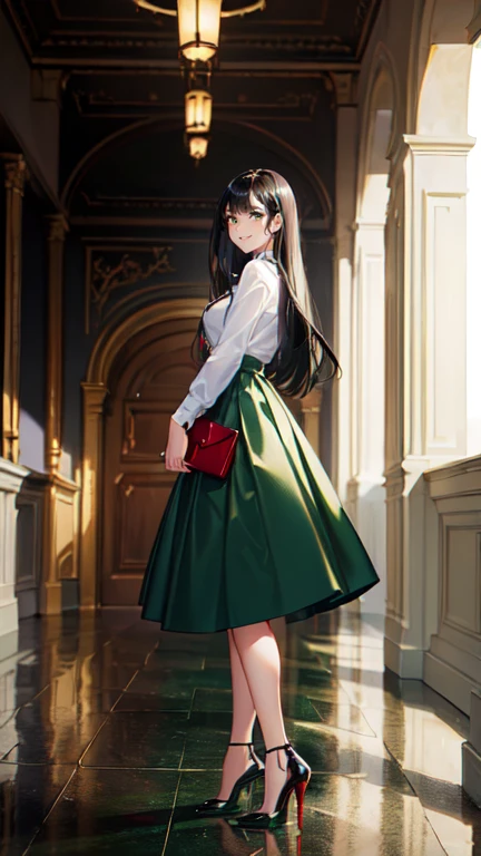 ((masterpiece, high resolution, better quality, better details)), ((Smiling)), ((one girl)) a girl standing, full body, maxi green skirt, blouse,((louboutin high heels)), green eyes , ((black hair, long hair)), shiny skin, ((from behind)), solo, full body, focus full body, high heels, in office, working secretary