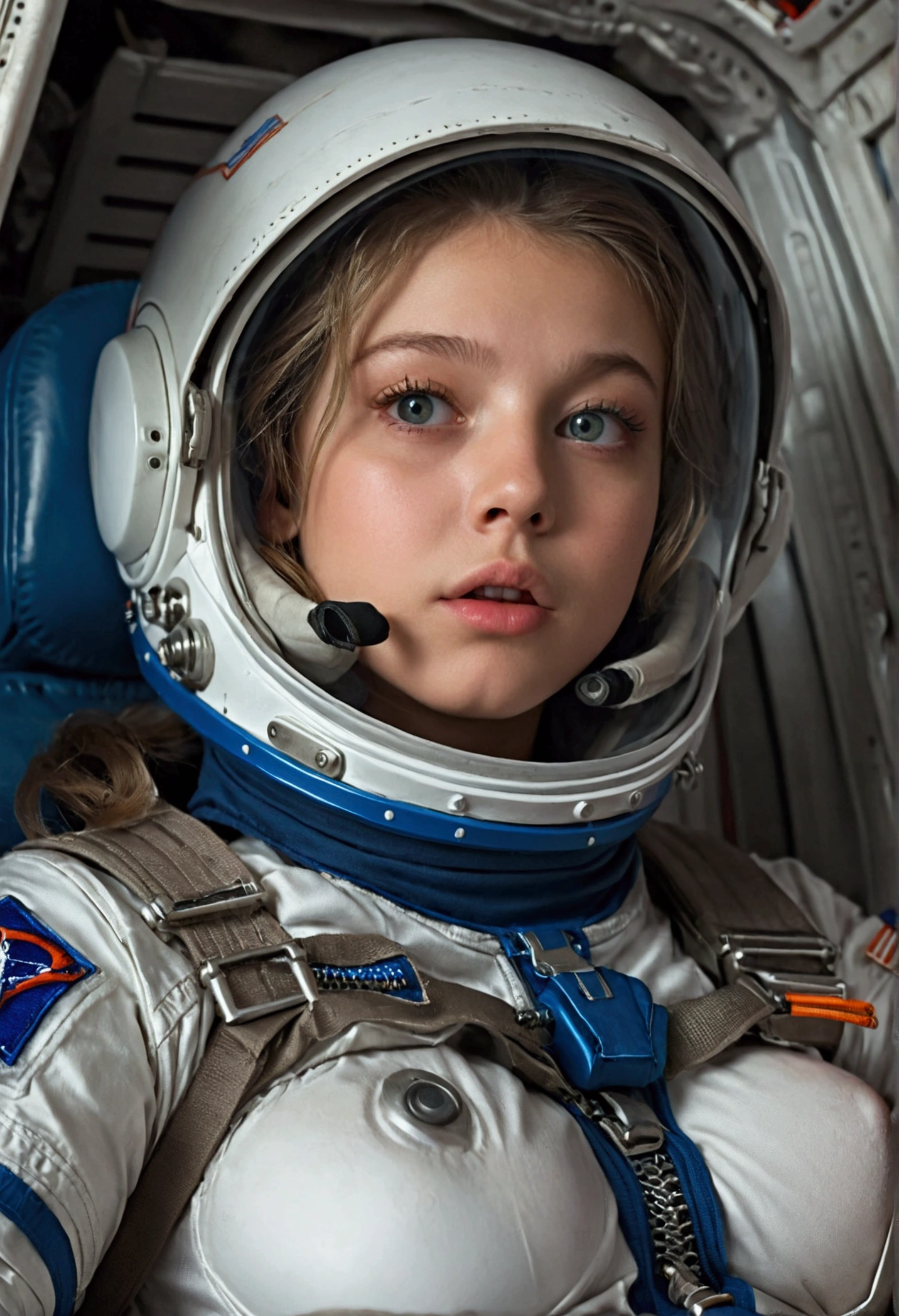 1 girl, age13, beautiful detailed eyes, large breasts, biting her lower lip, extremely detailed face and features, long eyelashes, sexy astronaut suit, helmet closed, in rocket seat, inside a spaceship coming in for reentry in Earth's atmosphere, natural lighting, cinematic composition, highly detailed, photorealistic, 8k, artwork