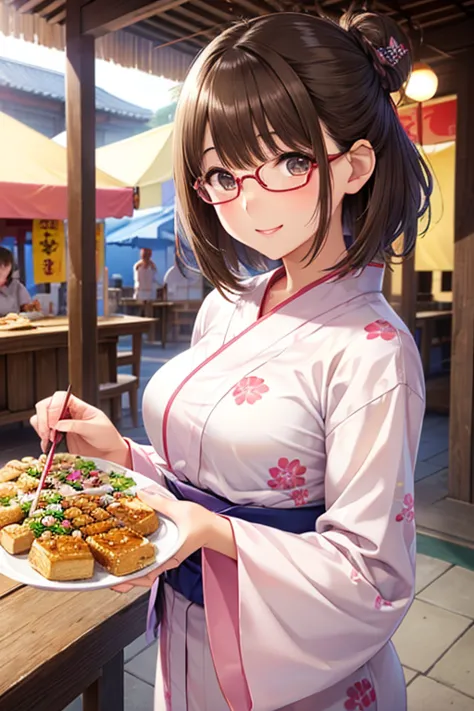 anegasaki nene、Shiny brown hair,  (Beautiful brown eyes、Sparkling eyes, Fine grain)、smile、Ultra-detailed eyes、Highly detailed face, Highly detailed eyes,Cowboy Shot、


masterpiece、High resolution、High resolution、High resolution、1 female、(Woman close up)、((Depiction of only the upper body))、((Brown Hair、short hair、Hair Bun))、((Round frame glasses))、Pink Lip Gloss、yukata、優しいsmile、blush、Smiling with teeth showing、((Festival food stalls))、