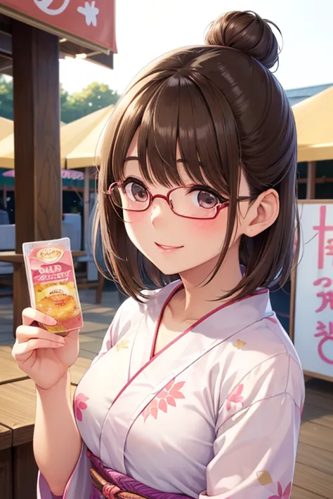 anegasaki nene、Shiny brown hair,  (Beautiful brown eyes、Sparkling eyes, Fine grain)、smile、Ultra-detailed eyes、Highly detailed face, Highly detailed eyes,Cowboy Shot、


masterpiece、High resolution、High resolution、High resolution、1 female、(Woman close up)、((Depiction of only the upper body))、((Brown Hair、short hair、Hair Bun))、((Round frame glasses))、Pink Lip Gloss、yukata、優しいsmile、blush、Smiling with teeth showing、((Festival food stalls))、