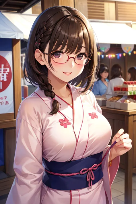 anegasaki nene、Shiny brown hair,  (Beautiful brown eyes、Sparkling eyes, Fine grain)、smile、Ultra-detailed eyes、Highly detailed face, Highly detailed eyes,Cowboy Shot、


masterpiece、High resolution、High resolution、High resolution、1 female、(Woman close up)、((Depiction of only the upper body))、((Brown Hair、short hair、Braiding))、((Round frame glasses))、Pink Lip Gloss、yukata、優しいsmile、blush、Smiling with teeth showing、((Festival food stalls))、