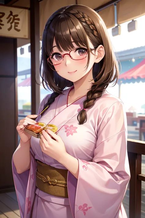 anegasaki nene、Shiny brown hair,  (Beautiful brown eyes、Sparkling eyes, Fine grain)、smile、Ultra-detailed eyes、Highly detailed face, Highly detailed eyes,Cowboy Shot、


masterpiece、High resolution、High resolution、High resolution、1 female、(Woman close up)、((Depiction of only the upper body))、((Brown Hair、short hair、Braiding))、((Round frame glasses))、Pink Lip Gloss、yukata、優しいsmile、blush、Smiling with teeth showing、((Festival food stalls))、