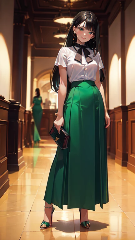 ((masterpiece, high resolution, better quality, better details)), ((Smiling)), ((one girl)) a girl standing, full body, maxi green skirt, blouse,((louboutin high heels)), green eyes , ((black hair, long hair)), shiny skin, ((from behind)), solo, full body, focus full body, high heels, in office, working secretary