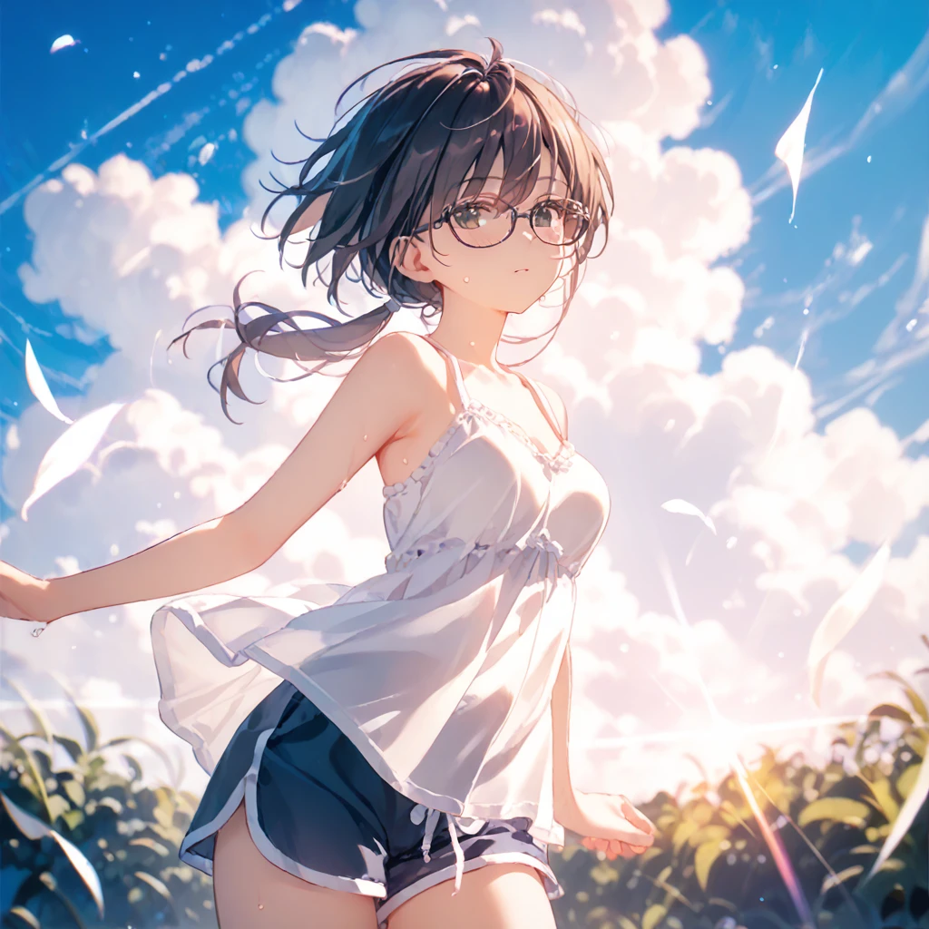 (by mitsumi misato:0.6),(by carnelian:0.3),(by kantoku:0.3), best quality, masterpiece, ,,break,1girl, tomboy, glasses, short hair, low ponytail, medium breasts, black eyes, shorts, sweat, sleepily, outdoors, wind, (Detailed background), (Detailed Lighting),,break,(clear line illustration:1.2), super detailed skin,very high resolution, very aesthetic, Best sexual lighting powered by famous artist, 8k, 16k, cute picture,beauty illustration,photoshop_(medium),,(Detailed Lighting),best anime 8k konachan wallpaper, pixiv contest winner,