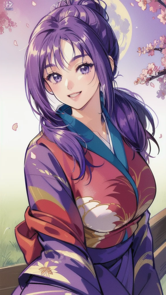 ((masterpiece, Highest quality, Highest quality, Official Art, beautifully、beautiful:1.2)),((masterpiece)),((Vibrant colors)),((Ayako Katagiri)),((A happy smile)),((kimono)),((looks fun)),(full moon),(Cherry Blossoms at Night),(B Cup Bust),(Kyoto)