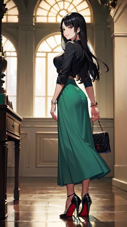 ((masterpiece, high resolution, better quality, better details)), ((Smiling)), ((one girl)) a girl standing, full body, maxi green skirt, blouse,((louboutin high heels)), green eyes , ((black hair, long hair)), shiny skin, ((from behind)), solo, full body, focus full body, high heels, in office, working secretary