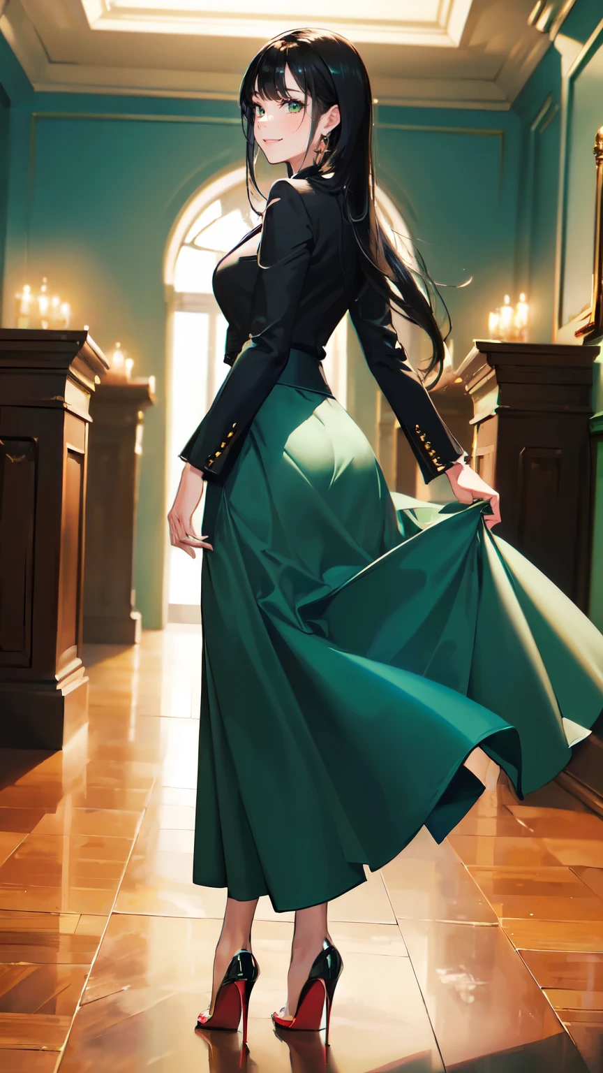 ((masterpiece, high resolution, better quality, better details)), ((Smiling)), ((one girl)) a girl standing, full body, maxi green skirt, blouse,((louboutin high heels)), green eyes , ((black hair, long hair)), shiny skin, ((from behind)), solo, full body, focus full body, high heels, in office, working secretary