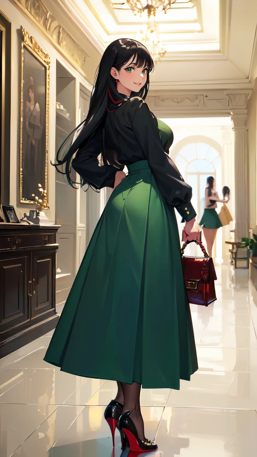 ((masterpiece, high resolution, better quality, better details)), ((Smiling)), ((one girl)) a girl standing, full body, maxi green skirt, blouse,((louboutin high heels)), green eyes , ((black hair, long hair)), shiny skin, ((from behind)), solo, full body, focus full body, high heels, in office, working secretary