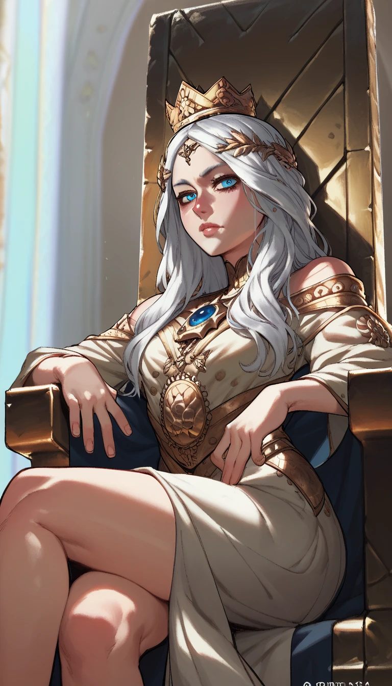 score_9, score_8_up, score_7_up, score_6_up, score_5_up, score_4_up, 1girl, detailed face, fair skin, eyelashes, crown, white hair, silver hair, blue eyes, bright blue eyes, white royal robes, white royal clothes, intricate robes, throne, sitting on throne, looking at viewer, looking straight at viewer, throne room background, gwentstyle,