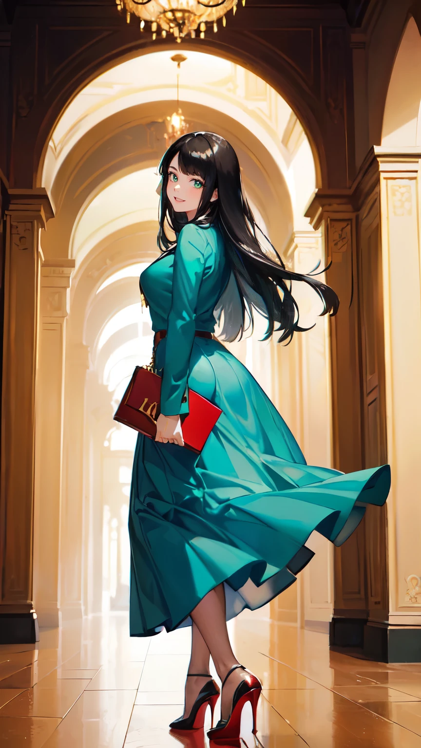 ((masterpiece, high resolution, better quality, better details)), ((Smiling)), ((one girl)) a girl standing, full body, maxi green skirt, blouse,((louboutin high heels)), green eyes , ((black hair, long hair)), shiny skin, ((from behind)), solo, full body, focus full body, high heels, in office, working secretary