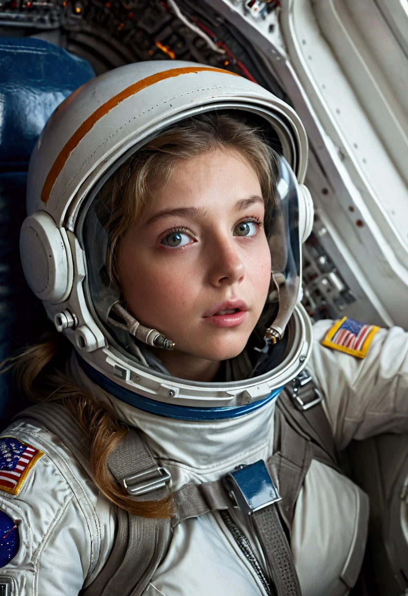 1 girl, age13, beautiful detailed eyes, large breasts, biting her lower lip, extremely detailed face and features, long eyelashes, sexy astronaut suit, helmet closed, in rocket seat, inside a spaceship coming in for reentry in Earth's atmosphere, the spaceship is on fire, the spaceship is shaking, natural lighting, cinematic composition, highly detailed, photorealistic, 8k, artwork