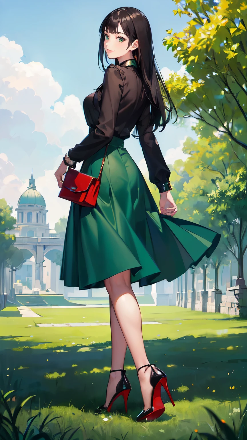 ((masterpiece, high resolution, better quality, better details)), ((Smiling)), ((one girl)) a girl standing, full body, maxi green skirt, blouse,((louboutin high heels)), green eyes , ((black hair, long hair)), shiny skin, ((from behind)), solo, full body, focus full body, high heels, in office, working secretary