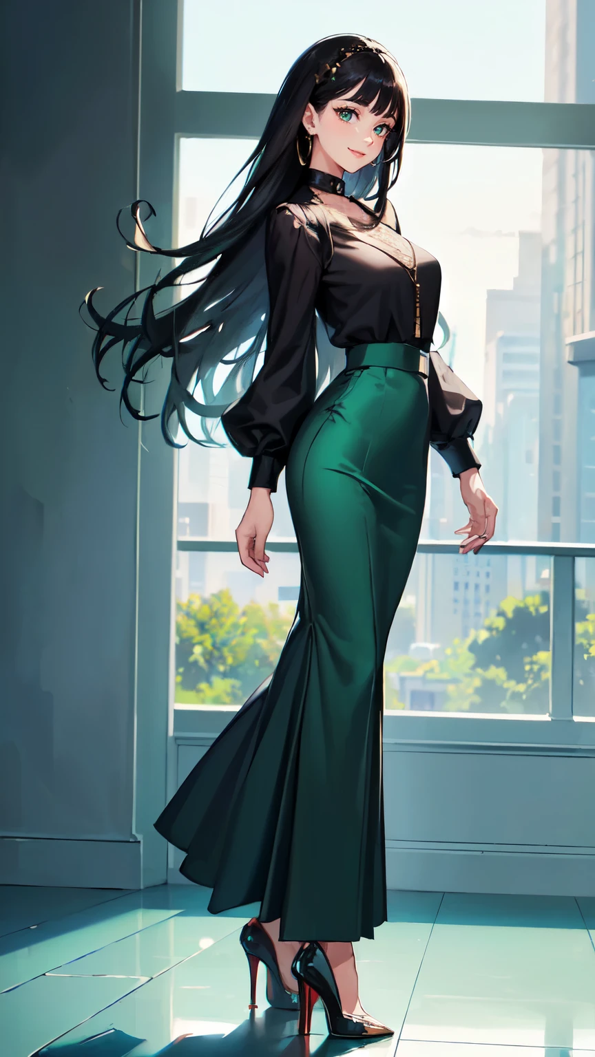 ((masterpiece, high resolution, better quality, better details)), ((Smiling)), ((one girl)) a girl standing, full body, maxi green skirt, blouse,((louboutin high heels)), green eyes , ((black hair, long hair)), shiny skin, ((from behind)), solo, full body, focus full body, high heels, in office, working secretary