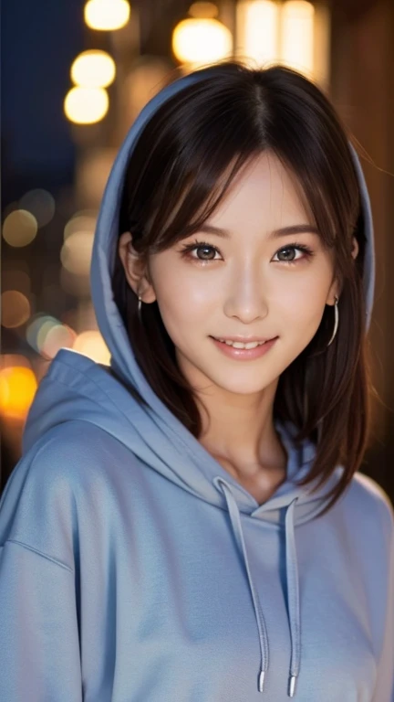 1girl in, (wearing a navy blue oversized hoodie:1.2), (Raw photo, Best Quality), (Realistic, Photorealsitic:1.4), masutepiece, Extremely delicate and beautiful, Extremely detailed, 2k wallpaper, amazing, finely detail, the Extremely Detailed CG Unity 8K Wallpapers, Ultra-detailed, hight resolution, Soft light, Beautiful detailed girl, extremely detailed eye and face, beautiful detailed nose, Beautiful detailed eyes, Cinematic lighting, room light at night, Fantastic illumination, Perfect Anatomy, Slender body, Small, Smiling