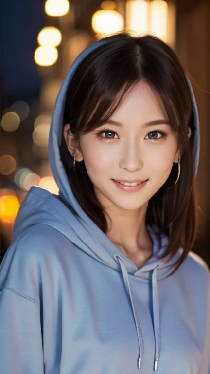 1girl in, (wearing a navy blue oversized hoodie:1.2), (raw photo, best quality), (realistic, photorealsitic:1.4), masutepiece, e...