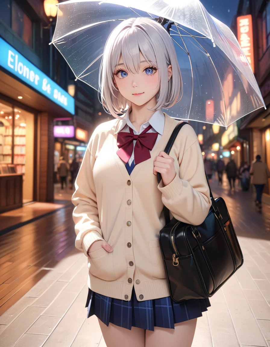 masterpiece, glowing particles, ambient lights, cute, 8K, hdr, high details, perfect lighting, perfect anatomy, BREAK (shiny silver hair:1.2), (bob cut, bang between eyes, beautiful hair), (glossy silver eyes:1.5), (beautiful eyes, twinkle eyes, large eyes), (athlete body, large breasts), cute face, beautiful face, pretty face, beautiful, best quality, good anatomy, long eyelashes, expressive eyes, Perfect Hands, perfecteyes, BREAK morning, raining, high school uniform, beige cardigan, city walk, holding school bag, (She is holding a transparent plastic umbrella (in her right hand) and (resting the shaft of the umbrella on her right shoulder)), The umbrella is connected to a shaft that rests on her shoulder,