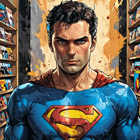 comic book cover close up,macro close-up comic book cover with the image of superman in a comic book store on a shelf, graphic s...