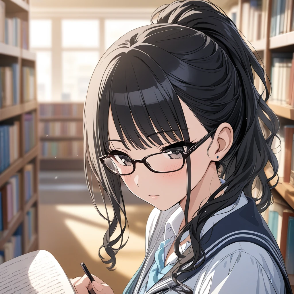 (masterpiece),(Highest quality),(Very detailed),(Best illustrations),(Best Shadow),(disorganized),(Detailed Background),(so beautiful), 
Official Style,
hiori kazano, ponytail, black hair, black eyes,
The Idolmaster Shiny Colors,

school uniform,
Glasses,
alone,
Library,
Background Blur, 
focus on face,
Close-up, 