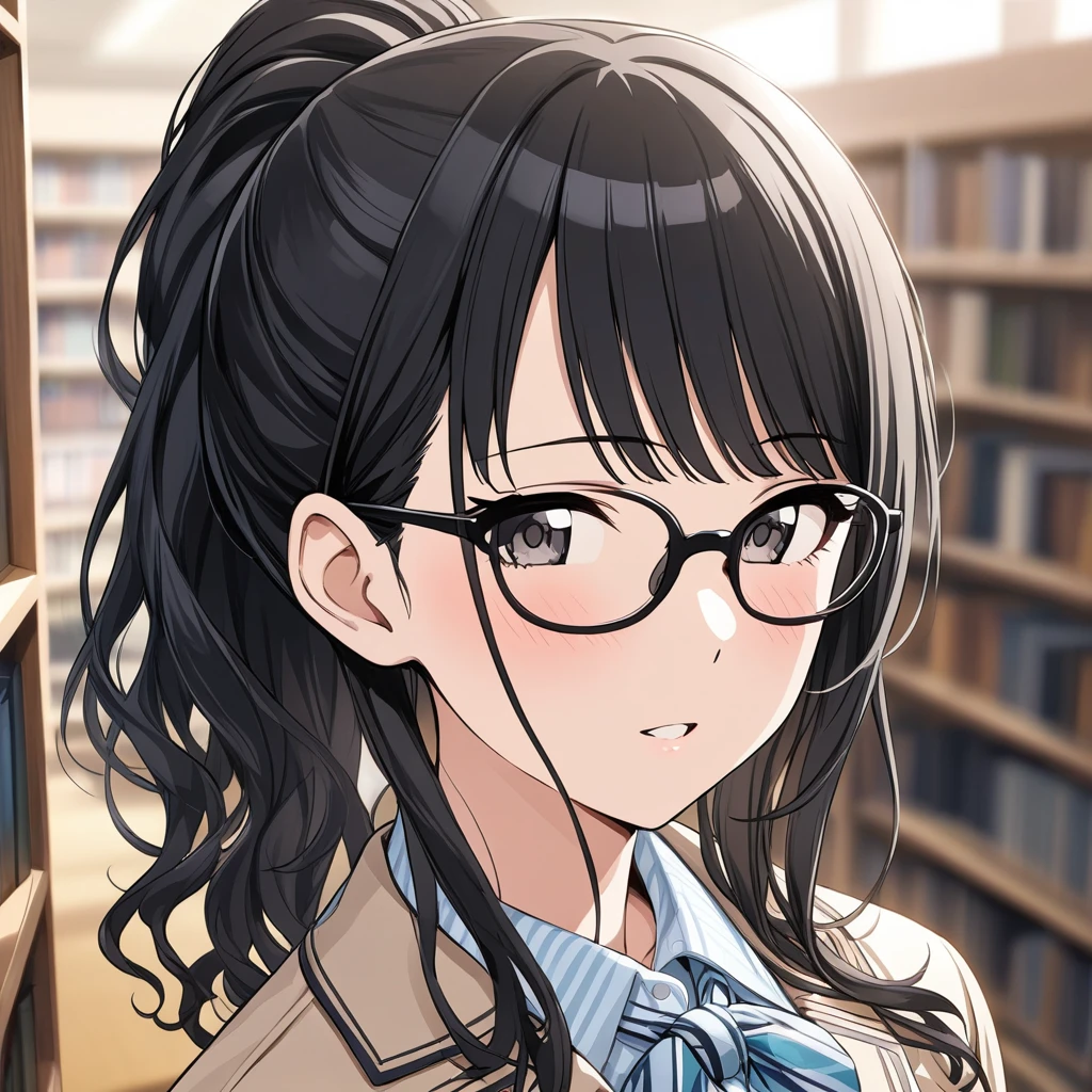 (masterpiece),(Highest quality),(Very detailed),(Best illustrations),(Best Shadow),(disorganized),(Detailed Background),(so beautiful), 
Official Style,
hiori kazano, ponytail, black hair, black eyes,
The Idolmaster Shiny Colors,

school uniform,
Glasses,
alone,
Library,
Background Blur, 
focus on face,
Close-up, 