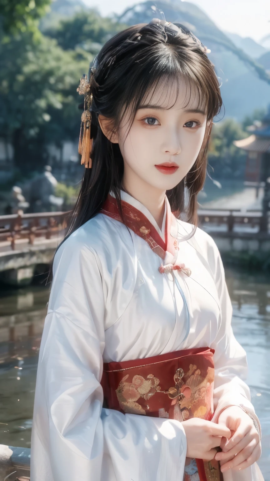 best quality, masterpiece, high resolution,1 girl,pretty,Chinese clothes, 1 [[[[Close-up cleavage]]]], [[[[breast]]]], [[[[Cole]]]], [[[[Shoulder]]]], Perfect eyes, Perfect Iris，Perfect lips，Perfect Teeth，Perfect skin，Fair skin，Soft headlight，HDR，Movie Girl，White Chinese clothing，Hanfu，Long sleeve，Smile，The background is Mount Immortal，Mountains，Fall，flowing water，Small bridge，4K ultra HD, 超high resolution, (Reality: 1.4), best quality，masterpiece，Super dilution，（Pastel colors：1.2）
