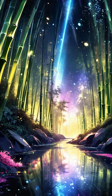 bamboo forest on a dark night, delicate and sharp, crisp outline, soft internal illumination, many tiny fireflies flying around,...