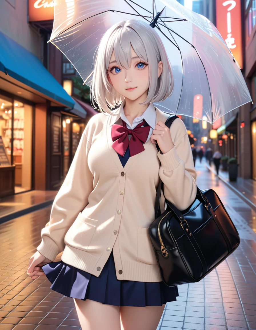 masterpiece, glowing particles, ambient lights, cute, 8K, hdr, high details, perfect lighting, perfect anatomy, BREAK (shiny silver hair:1.2), (bob cut, bang between eyes, beautiful hair), (glossy silver eyes:1.5), (beautiful eyes, twinkle eyes, large eyes), (athlete body, large breasts), cute face, beautiful face, pretty face, beautiful, best quality, good anatomy, long eyelashes, expressive eyes, Perfect Hands, perfecteyes, BREAK morning, raining, high school uniform, beige cardigan, city walk, holding school bag, hand holding umbrella,