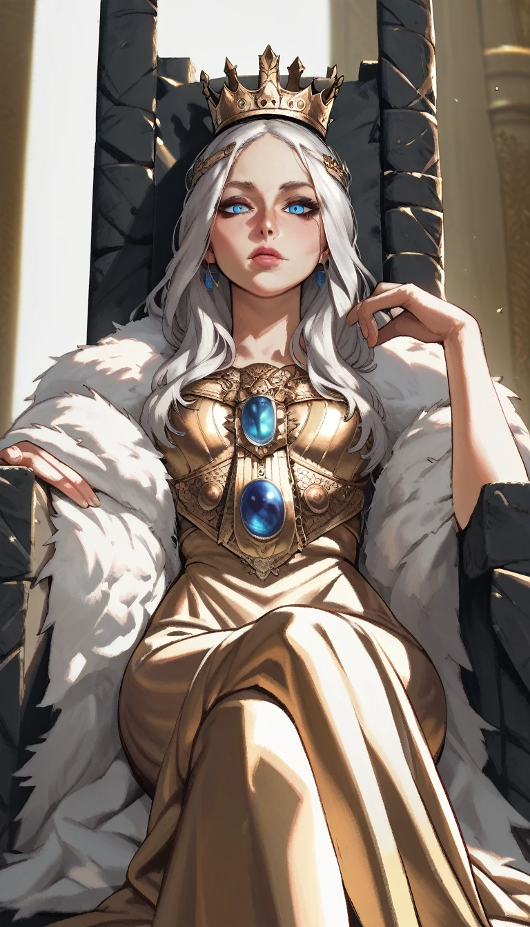 score_9, score_8_up, score_7_up, score_6_up, score_5_up, score_4_up, 1girl, detailed face, fair skin, eyelashes, crown, white hair, silver hair, blue eyes, bright blue eyes, white royal robes, white royal clothes, intricate robes, throne, sitting on throne, looking at viewer, looking straight at viewer, throne room background, gwentstyle,