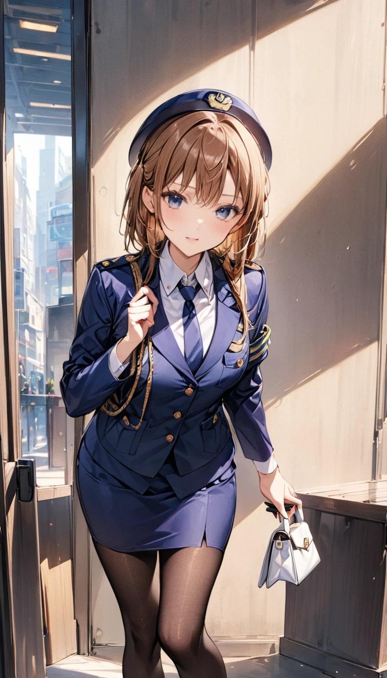 Yuuki Asuna、Highest quality、unity 8k wallpaper、32K、Very detailed、Ultra-high resolution、Very detailedな顔、RAW Photos、Professional、Ultra-fine painting、Uniform buttons、Collared shirt、black tie、Navy blue pencil skirt、Black Pantyhose、Uniform jacket、Black pumps、White handbag