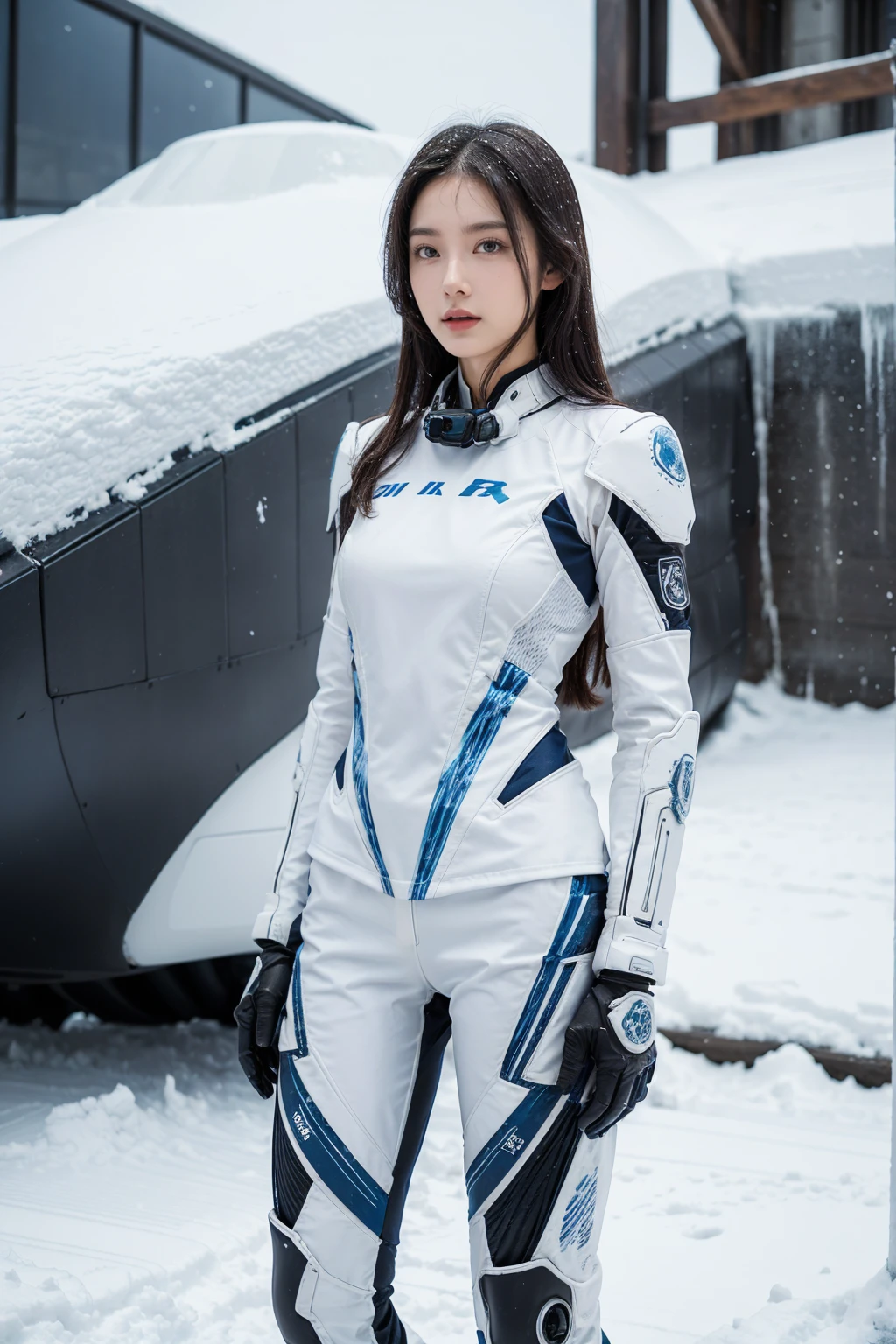 1 girl, Lovely, Ice and Snow World, alone, skinny, wind, Mecha suit, whole body, pretty face, Decorated with intricate patterns and delicate lines, Mecha suit,