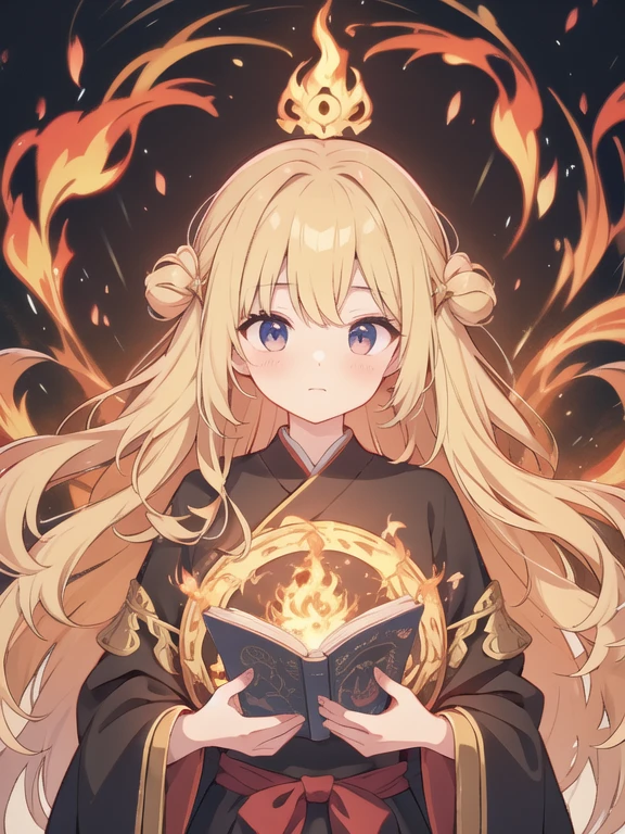 Highest quality、Absurd、From bestiary＿style、Magical Girl、Black Robe、Long wavy blonde hair、Flames swirl around the wizard、Perfect hands